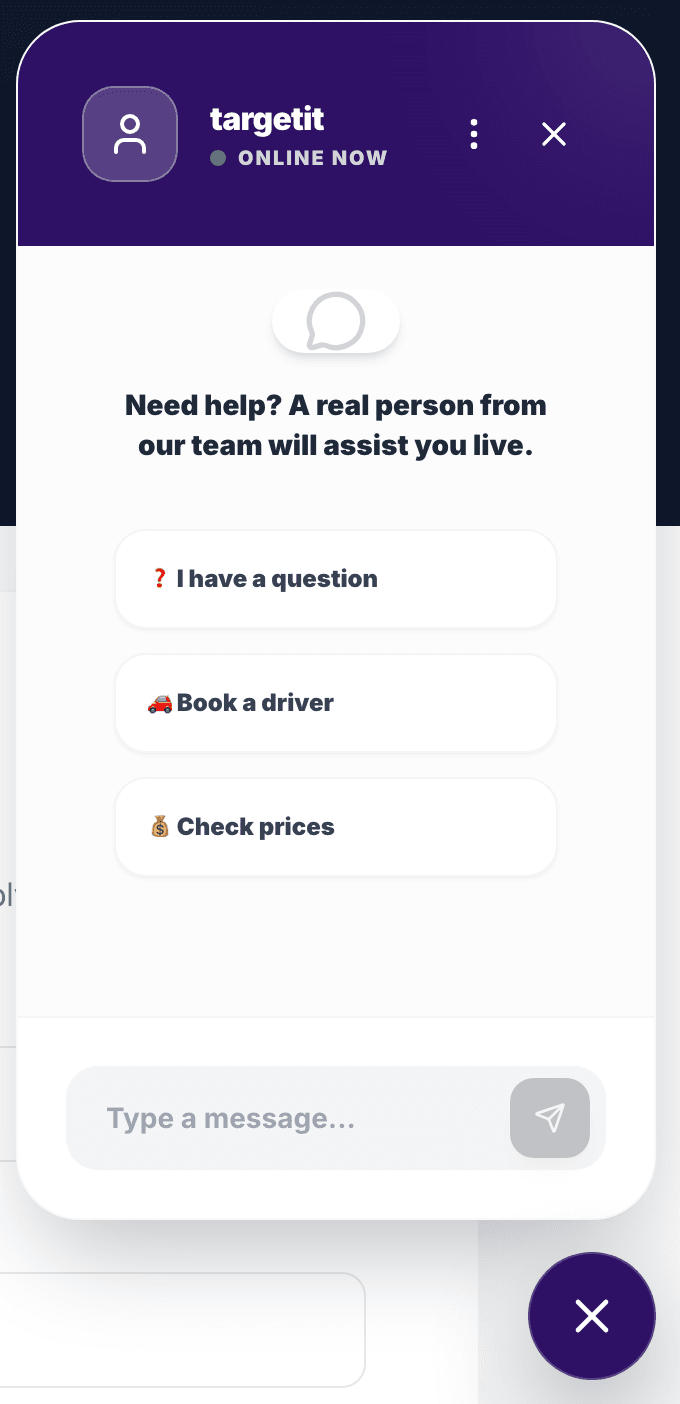 Interface Live Chat RideUp sur site web